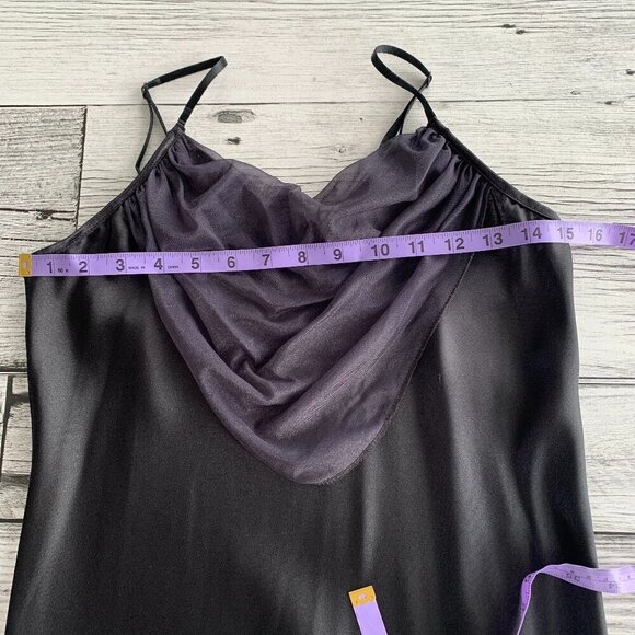 Vintage 90s Black Satin Asymmetric Sheer Ruffle Hem Maxi Slip Dress - Picture 12 of 14
